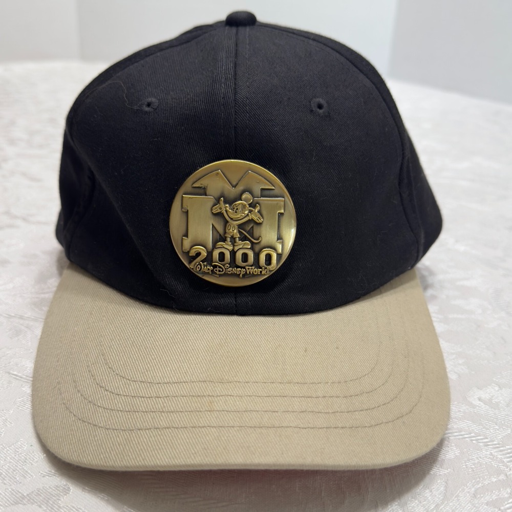 Y2K 2000s Disney Gold Plate "Mickey Mouse Walt Disney World Plaque Hat Cap Black